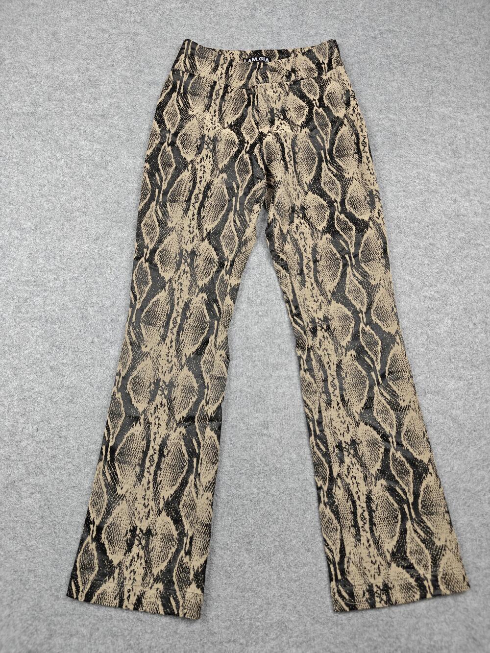 I.AM.GIA Pants Womens XS Beige Snake Print Flared Belted Pull On Slim Party